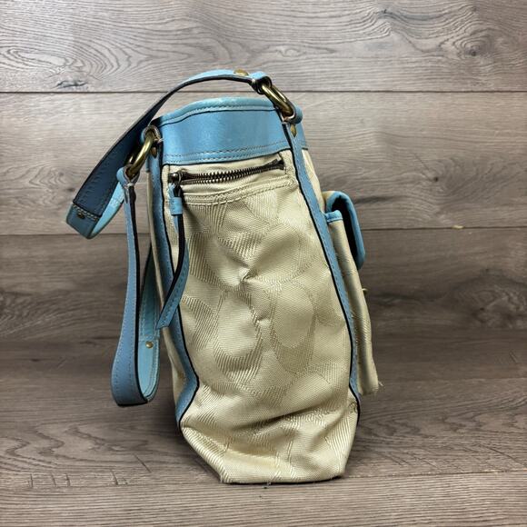 Coach Work Tote Bag K0893-F13103 Khaki Blue Leather Trim Turnlock Front Pocket - Picture 4 of 15